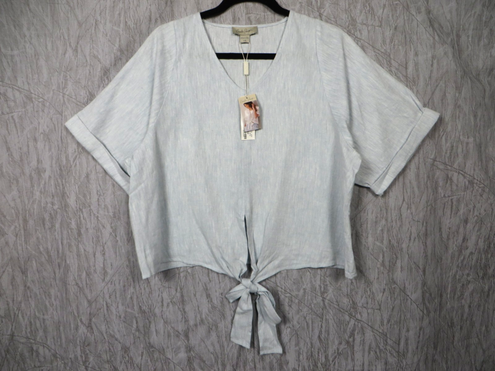 Charlie Paige Womens Large Light Blue Linen Blend Tie Front Short Sleeve Top NWT